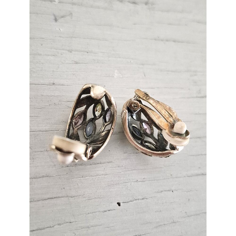Vintage Sterling Silver Pastel Stone and Marcasite Clip On Earrings - Picture 3 of 5